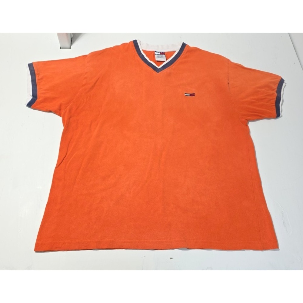 VTG Y2k Tommy Jeans Shirt Men's XXL V Neck Short Sleeve Orange Prep Hilfiger 90s